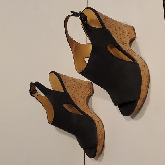 Franco Sarto Gabriel Black Leather Cork Wedge Sandals Size 8.5M - Picture 5 of 12